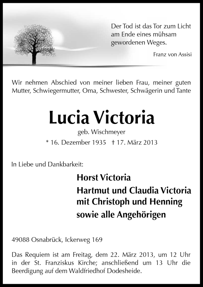  Traueranzeige für Lucia Victoria vom 19.03.2013 aus Neue Osnabrücker Zeitung GmbH & Co. KG