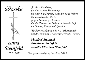 Traueranzeige von Anna Steinfeld von Neue Osnabrücker Zeitung GmbH & Co. KG