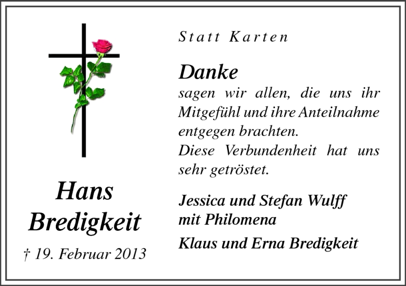  Traueranzeige für Hans Bredigkeit vom 20.03.2013 aus Neue Osnabrücker Zeitung GmbH & Co. KG