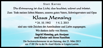 Traueranzeige von Klaus Mensing von Neue Osnabrücker Zeitung GmbH & Co. KG