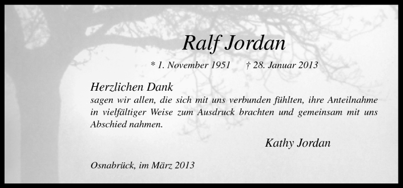  Traueranzeige für Ralf Jordan vom 23.03.2013 aus Neue Osnabrücker Zeitung GmbH & Co. KG