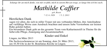 Traueranzeige von Mathilde Caffier von Neue Osnabrücker Zeitung GmbH & Co. KG