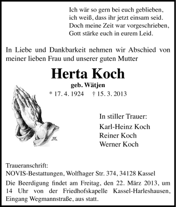 Traueranzeige von Herta Koch von Neue Osnabrücker Zeitung GmbH & Co. KG