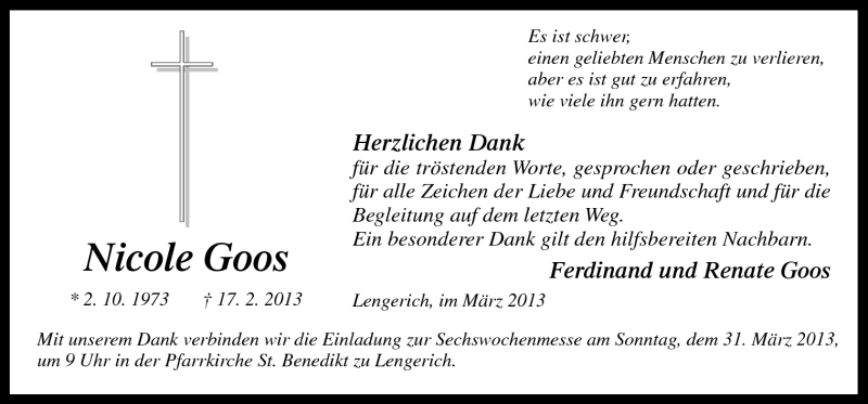  Traueranzeige für Nicole Goos vom 28.03.2013 aus Neue Osnabrücker Zeitung GmbH & Co. KG