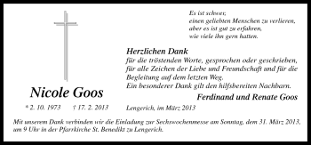 Traueranzeige von Nicole Goos von Neue Osnabrücker Zeitung GmbH & Co. KG