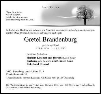 Traueranzeige von Gretel Brandenburg von Neue Osnabrücker Zeitung GmbH & Co. KG