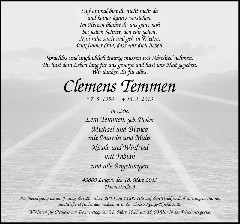  Traueranzeige für Clemens Temmen vom 20.03.2013 aus Neue Osnabrücker Zeitung GmbH & Co. KG