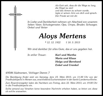 Traueranzeige von Aloys Mertens von Neue Osnabrücker Zeitung GmbH & Co. KG