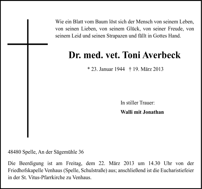  Traueranzeige für Toni Averbeck vom 21.03.2013 aus Neue Osnabrücker Zeitung GmbH & Co. KG