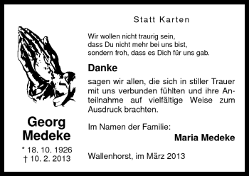 Traueranzeige von Georg Medeke von Neue Osnabrücker Zeitung GmbH & Co. KG