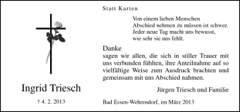 Traueranzeige von Ingrid Triesch von Neue Osnabrücker Zeitung GmbH & Co. KG