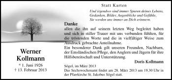 Traueranzeige von Werner Kollmann von Neue Osnabrücker Zeitung GmbH & Co. KG