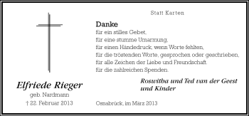 Traueranzeige von Elfriede Rieger von Neue Osnabrücker Zeitung GmbH & Co. KG