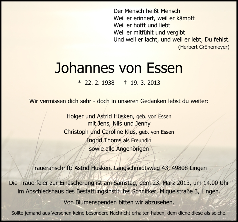  Traueranzeige für Johannes von Essen vom 22.03.2013 aus Neue Osnabrücker Zeitung GmbH & Co. KG