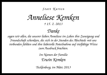 Traueranzeige von Anneliese Kemken von Neue Osnabrücker Zeitung GmbH & Co. KG