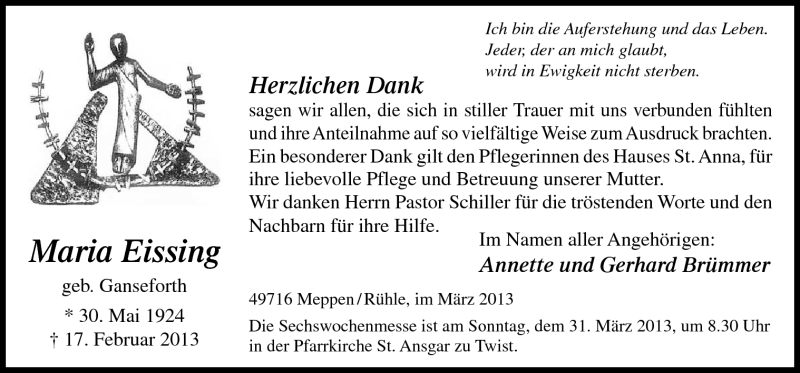  Traueranzeige für Maria Eissing vom 27.03.2013 aus Neue Osnabrücker Zeitung GmbH & Co. KG