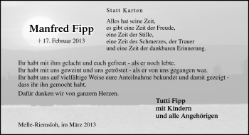 Traueranzeige von Manfred Fipp von Neue Osnabrücker Zeitung GmbH & Co. KG