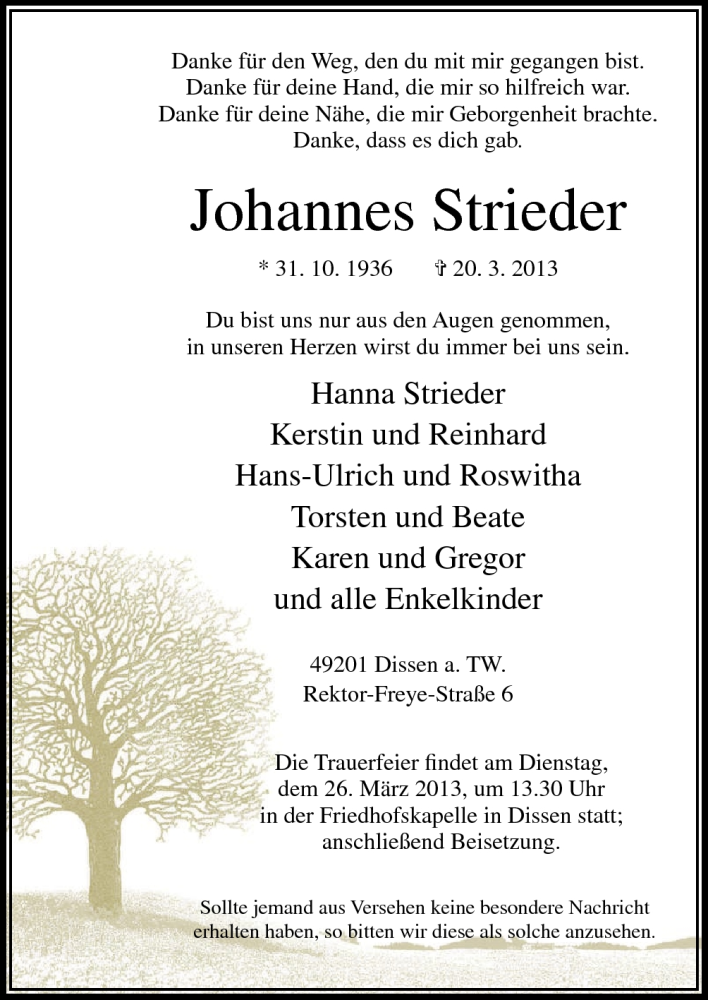  Traueranzeige für Johannes Strieder vom 22.03.2013 aus Neue Osnabrücker Zeitung GmbH & Co. KG