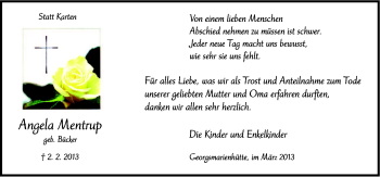 Traueranzeige von Angela Mentrup von Neue Osnabrücker Zeitung GmbH & Co. KG