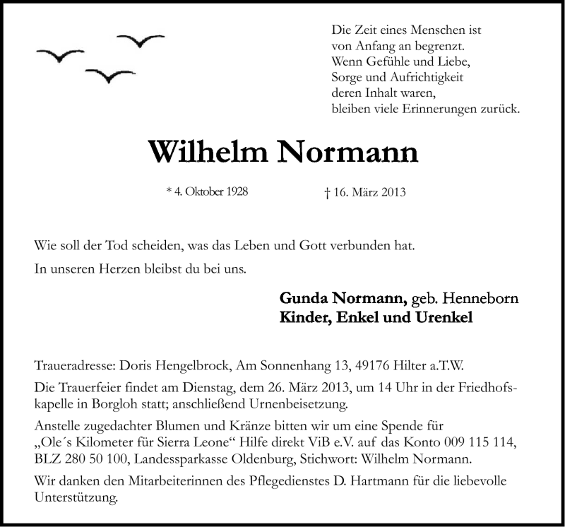  Traueranzeige für Wilhelm Normann vom 23.03.2013 aus Neue Osnabrücker Zeitung GmbH & Co. KG
