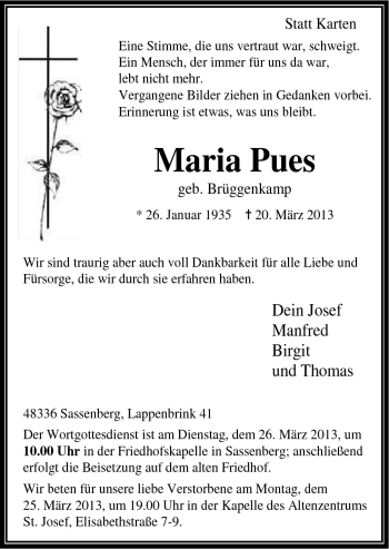 Traueranzeige von Maria Pues von Neue Osnabrücker Zeitung GmbH & Co. KG