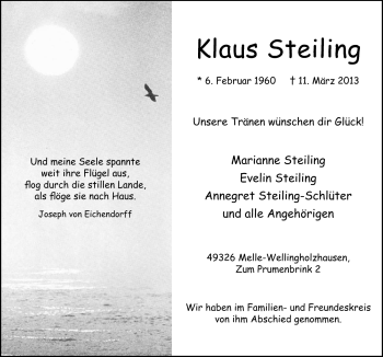 Traueranzeige von Klaus Steiling von Neue Osnabrücker Zeitung GmbH & Co. KG