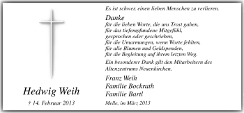 Traueranzeige von Hedwig Weih von Neue Osnabrücker Zeitung GmbH & Co. KG
