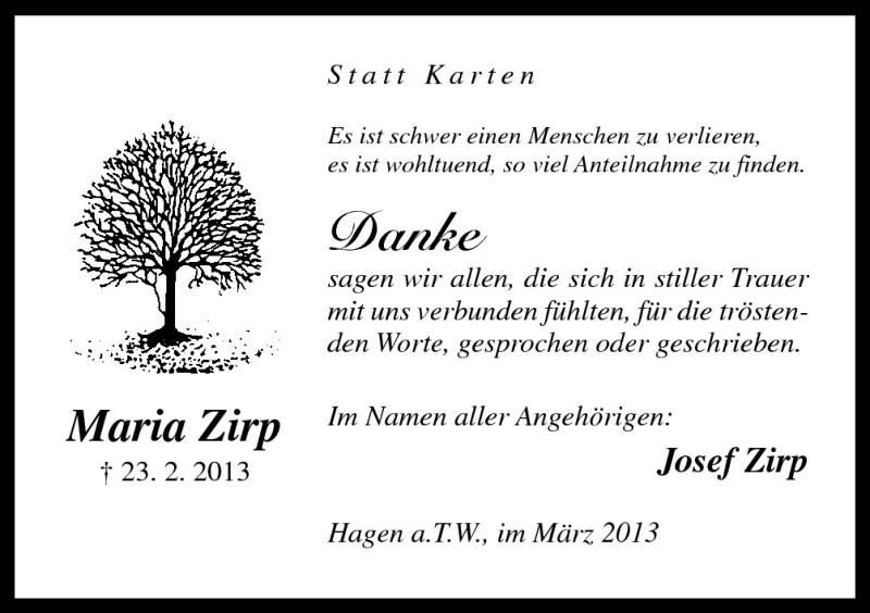  Traueranzeige für Maria Zirp vom 23.03.2013 aus Neue Osnabrücker Zeitung GmbH & Co. KG