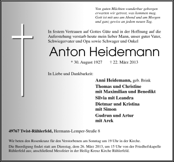 Traueranzeige von Anton Heidemann von Neue Osnabrücker Zeitung GmbH & Co. KG