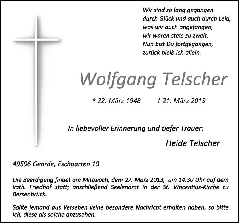  Traueranzeige für Wolfgang Telscher vom 23.03.2013 aus Neue Osnabrücker Zeitung GmbH & Co. KG