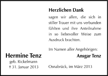 Traueranzeige von Hermine Tenz von Neue Osnabrücker Zeitung GmbH & Co. KG
