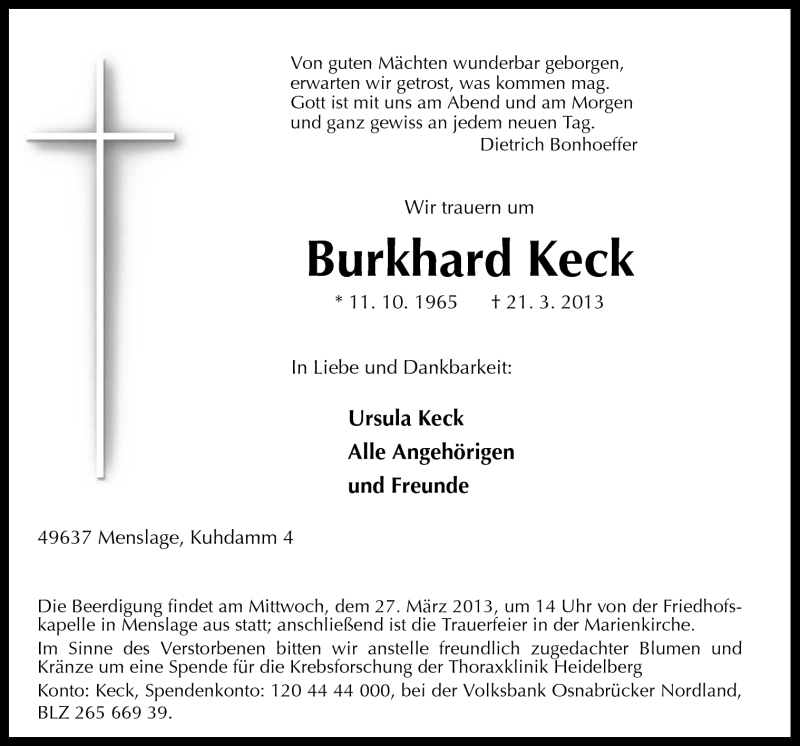  Traueranzeige für Burkhard Keck vom 25.03.2013 aus Neue Osnabrücker Zeitung GmbH & Co. KG