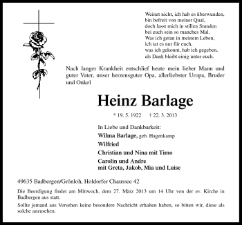 Traueranzeige von Heinz Barlage von Neue Osnabrücker Zeitung GmbH & Co. KG