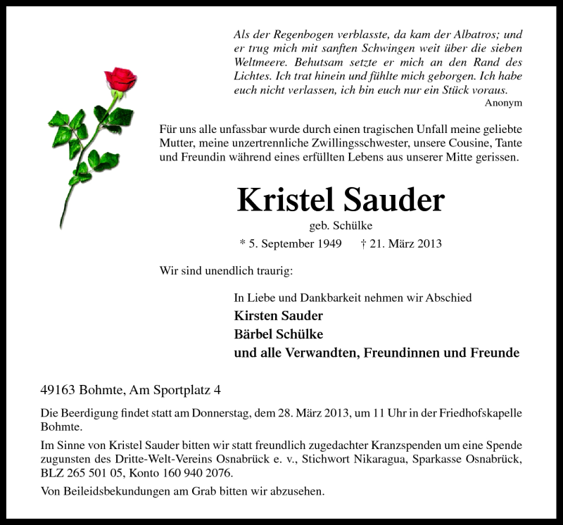  Traueranzeige für Kristel Sauder vom 25.03.2013 aus Neue Osnabrücker Zeitung GmbH & Co. KG
