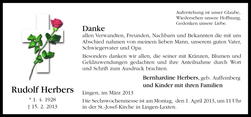  Traueranzeige für Rudolf Herbers vom 27.03.2013 aus Neue Osnabrücker Zeitung GmbH & Co. KG