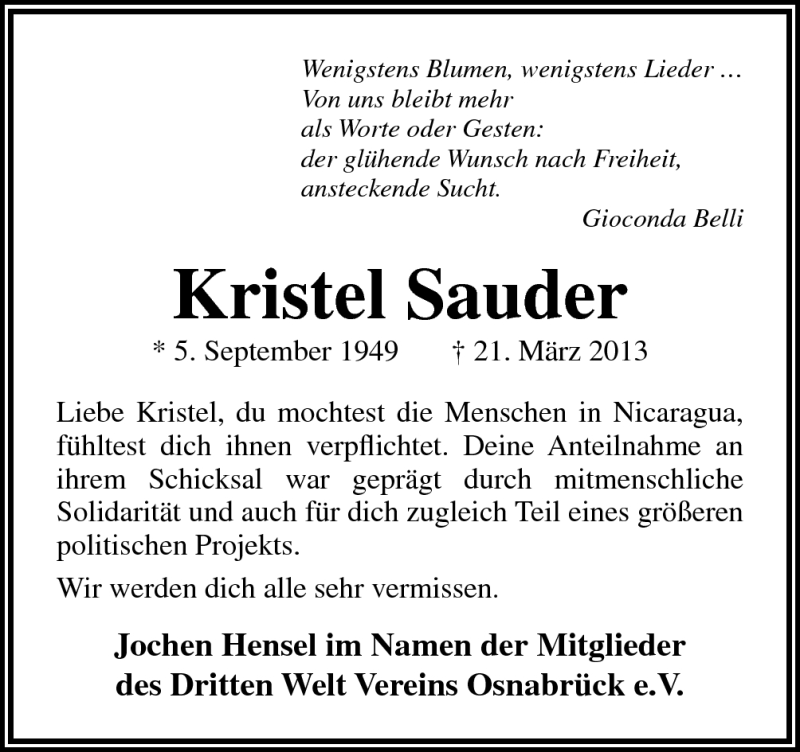  Traueranzeige für Kristel Sauder vom 26.03.2013 aus Neue Osnabrücker Zeitung GmbH & Co. KG