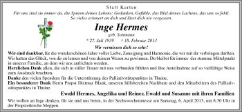 Traueranzeige von Inge Hermes von Neue Osnabrücker Zeitung GmbH & Co. KG