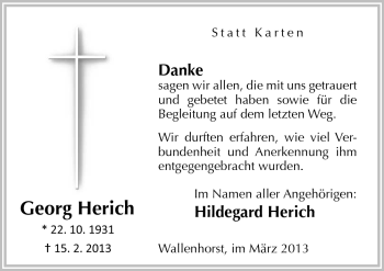 Traueranzeige von Georg Herich von Neue Osnabrücker Zeitung GmbH & Co. KG