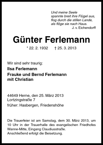 Traueranzeige von Günter Ferlemann von Neue Osnabrücker Zeitung GmbH & Co. KG