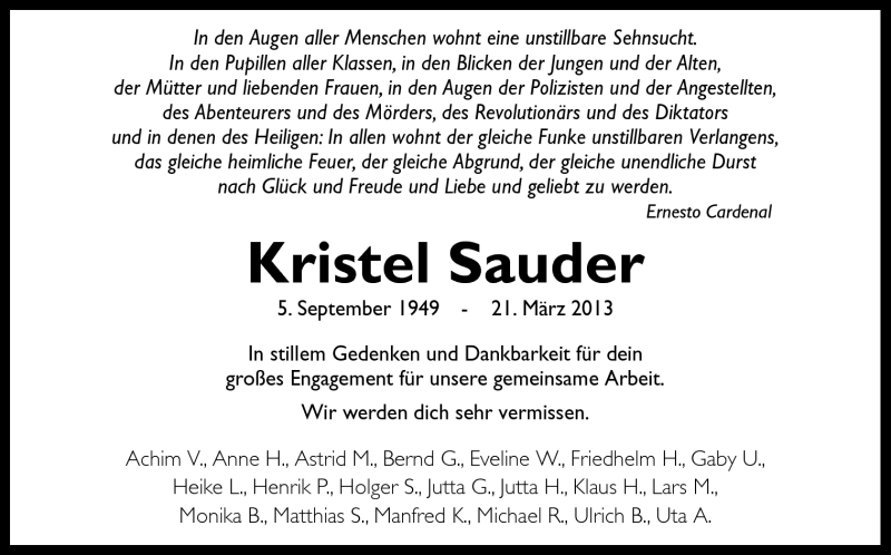  Traueranzeige für Kristel Sauder vom 27.03.2013 aus Neue Osnabrücker Zeitung GmbH & Co. KG