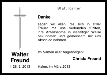 Traueranzeige von Walter Freund von Neue Osnabrücker Zeitung GmbH & Co. KG