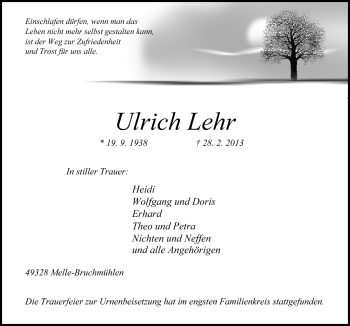 Traueranzeige von Ulrich Lehr von Neue Osnabrücker Zeitung GmbH & Co. KG