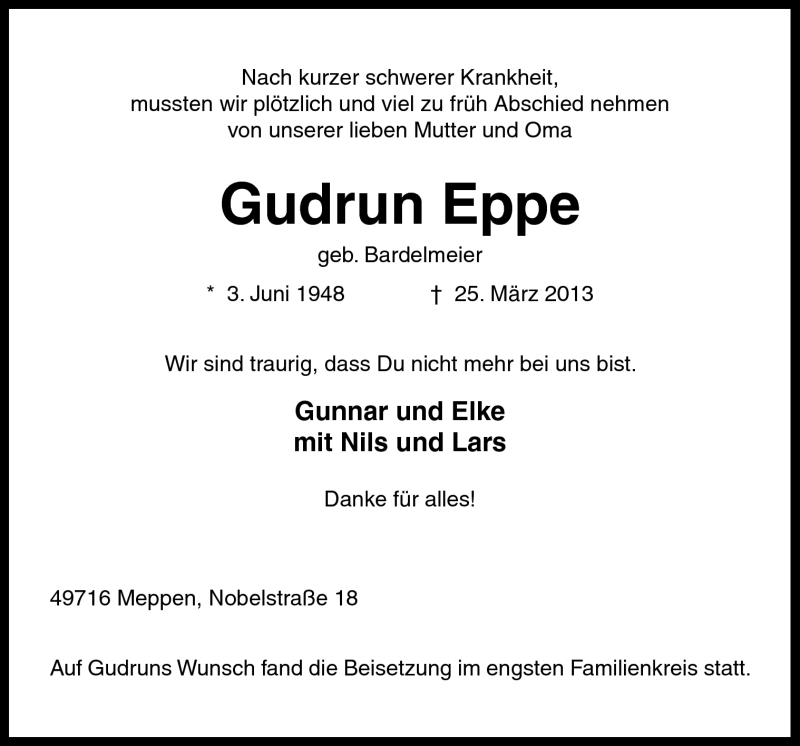  Traueranzeige für Gudrun Eppe vom 30.03.2013 aus Neue Osnabrücker Zeitung GmbH & Co. KG
