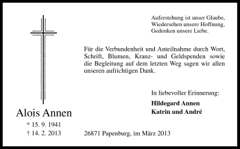 Traueranzeige von Alois Annen von Neue Osnabrücker Zeitung GmbH & Co. KG