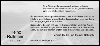 Traueranzeige von Heinz Rollmann von Neue Osnabrücker Zeitung GmbH & Co. KG