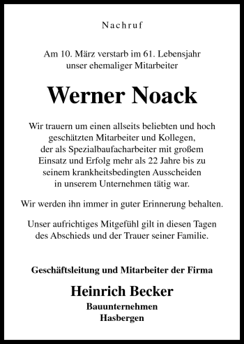 Traueranzeige von Werner Noack von Neue Osnabrücker Zeitung GmbH & Co. KG