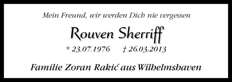  Traueranzeige für Rouven Sherriff vom 30.03.2013 aus Neue Osnabrücker Zeitung GmbH & Co. KG