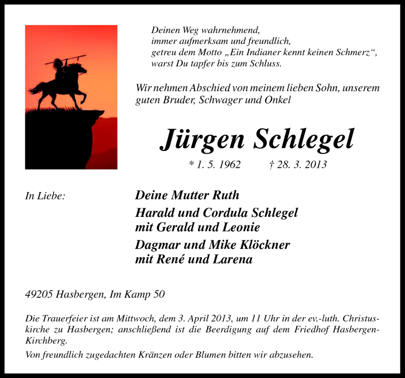  Traueranzeige für Jürgen Schlegel vom 30.03.2013 aus Neue Osnabrücker Zeitung GmbH & Co. KG