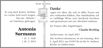 Traueranzeige von Antonia Surmann von Neue Osnabrücker Zeitung GmbH & Co. KG