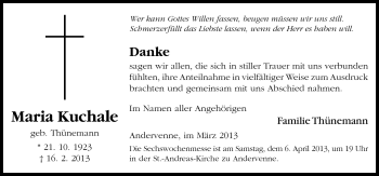 Traueranzeige von Maria Kuchale von Neue Osnabrücker Zeitung GmbH & Co. KG